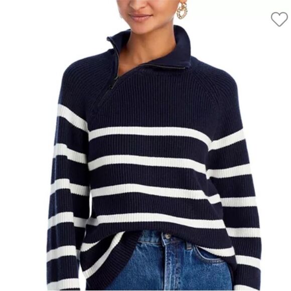 Bloomingdale’s AQUA Blue White Striped Funnel Neck Sweater Small - Picture 1 of 9